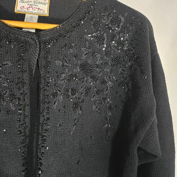 VTG Hierloom Collectibles Petites Black Beaded Knit Cardigan Large Crochet Y2K - Picture 3 of 9